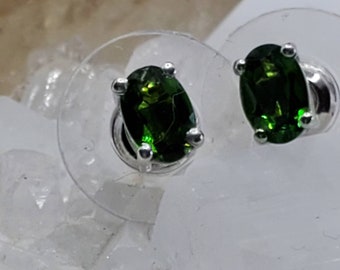 Diopside Stud Earrings, Rare Green Gemstone, Solitaire Basket Set