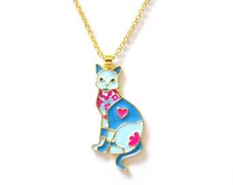 Patchwork cat 45x22mm zamak gold chain necklace