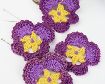 Crochet Pansy 4pk Crochet Flower Crochet Appliques Pansies Handmade Flowers crafts accessories jewellery supplies decoration confetti UK