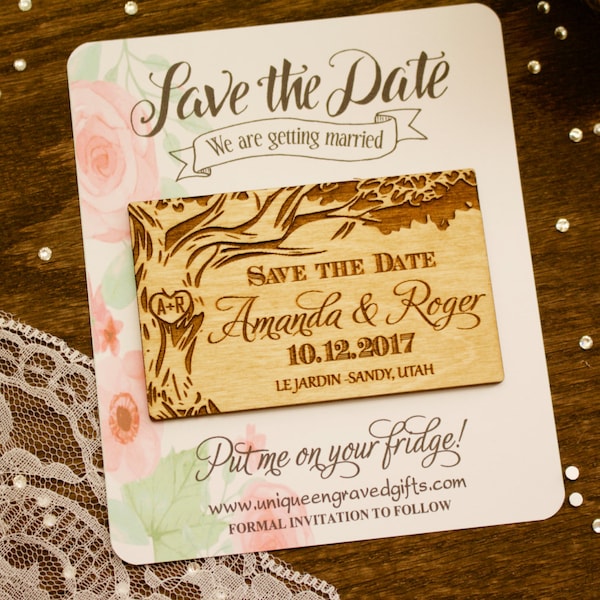 Tree Save The Date Magnet, Laser Cut, Paper Backing, Wedding Save-The-Date Magnet, Rustic Wedding, Wooden Magnet, Laser Engraved, Flowers