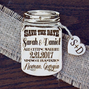 Mason Jar Save the Date Magnet, Wood Save The Date Magnets, Tree Save the date, Wedding Save-The-Date-Magnet, Rustic Wedding, Laser Engraved image 1