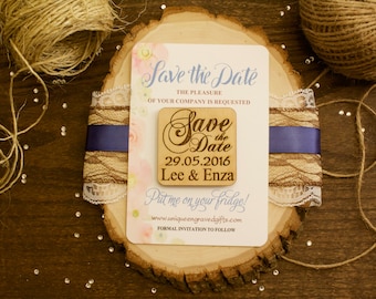 Save the Date Magnet, Floral Paper Backing, Wedding Save-The-Date Magnet, Laser Cut, Wooden Magnet, Wedding Magnet, Wedding Favor, Engraved