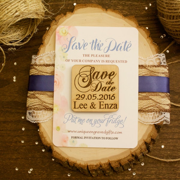 Guardar el imán de la fecha, respaldo de papel floral, la boda guardar la fecha imán, corte láser, imán de madera, imán de la boda, favor de la boda, grabado