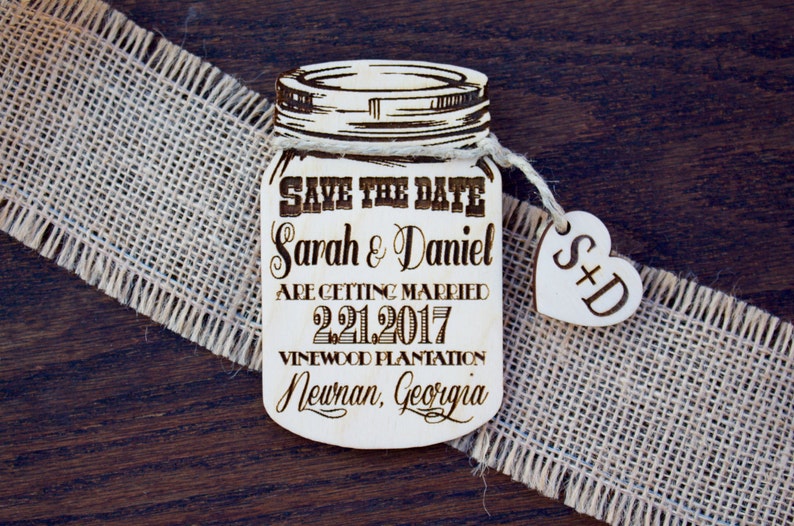 Mason Jar Save the Date Magnet, Wood Save The Date Magnets, Tree Save the date, Wedding Save-The-Date-Magnet, Rustic Wedding, Laser Engraved image 1