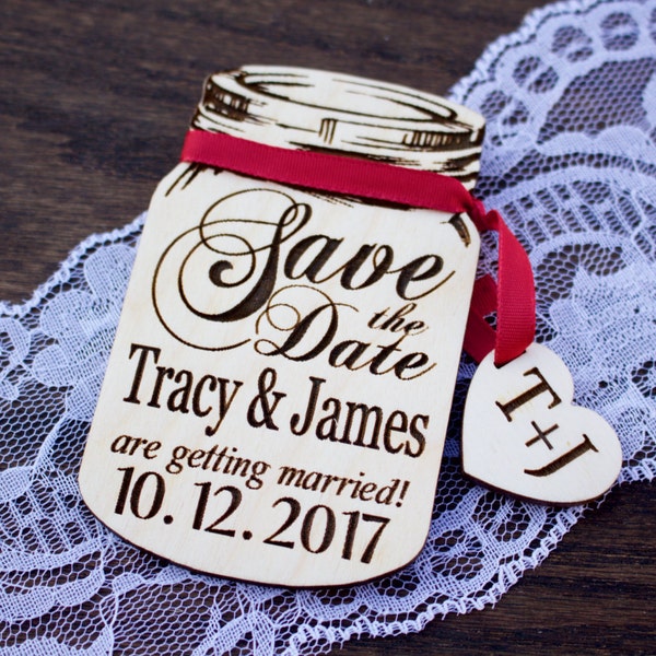 Mason Jar Save the Date, Mason Jar Wedding, Wood Magnets, Heart Tag, Save-The-Date-Magnet, Mason Jar Magnet, Wedding Favor, Rustic Wedding