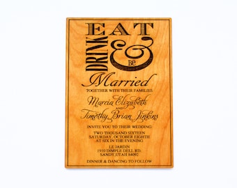 Alternative Wedding Invitation, Eat Drink & Be Married, Wood Invitation, Laser Engraved Invitation, Rustic Invitation, Backyard Invitation