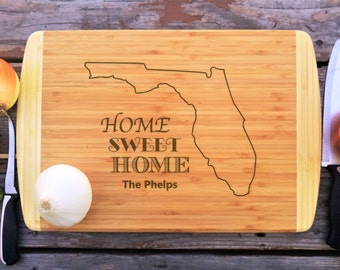 Large Cutting board, Florida State Home Sweet Home, Closing Gift, Fathers Day Gift, Family Name, Laser Engraved, Two Tone Bamboo