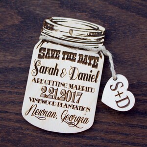 Mason Jar Save the Date Magnet, Wood Save The Date Magnets, Tree Save the date, Wedding Save-The-Date-Magnet, Rustic Wedding, Laser Engraved image 2