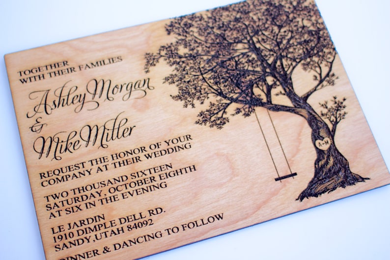 Wood Wedding Invitation, Tree With Swing, Wood Invitation, Oak Tree ...