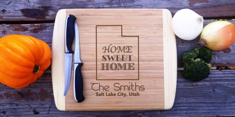 Utah State Laser Engraved Home Sweet Home Fathers Day Gift Two Tone Bamboo Custom Closing gift Large Cutting board