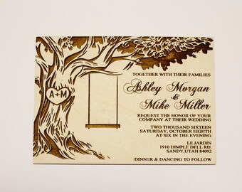 Wedding Invitations, Tree with swing, Wood Wedding Invitation, Oak Tree, Rustic Wedding, Rustic Wedding, Backyard Wedding, Country