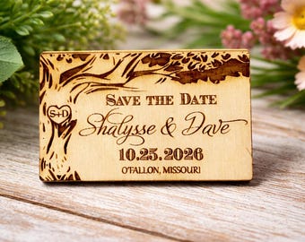Wooden Save the Date Magnets, Carved Heart Oak Tree, Laser Engraved Card, Venue Location, Wedding Website, Save the Date, Tree Magnet