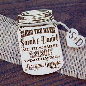 Mason Jar Save the Date Magnet, Wood Save The Date Magnets, Tree Save the date, Wedding Save-The-Date-Magnet, Rustic Wedding, Laser Engraved image 3