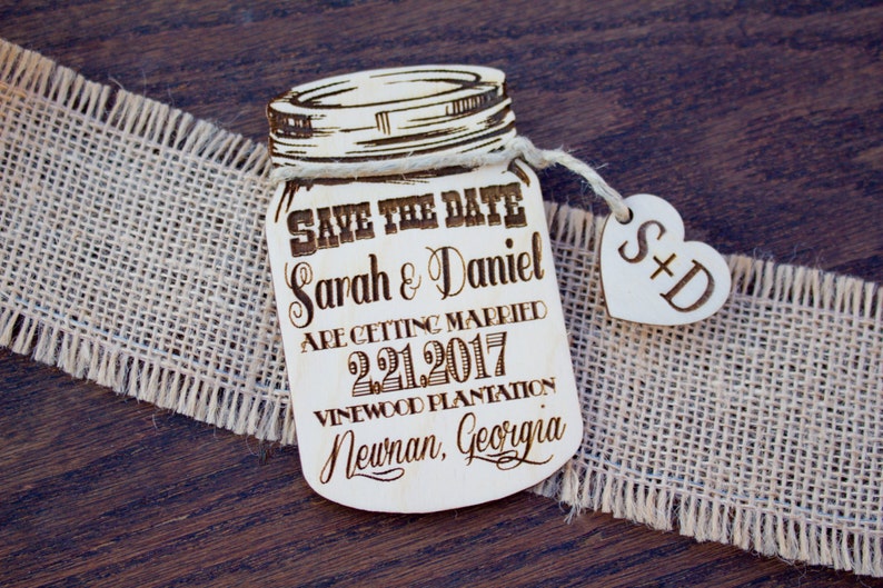 Mason Jar Save the Date Magnet, Wood Save The Date Magnets, Tree Save the date, Wedding Save-The-Date-Magnet, Rustic Wedding, Laser Engraved image 3