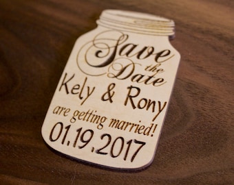 Save the Date Magnets, Wooden Magnets, Mason Jar, Custom Engraved, Backyard Wedding, Rustic Wedding, Laser-Cut,