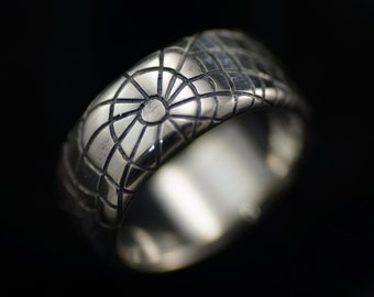 Hand Engraved Sterling Silver Spider Web Ring US Size 8