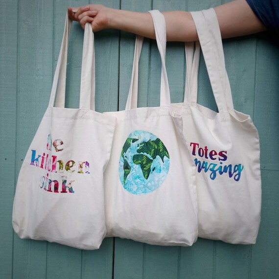CUSTOM ORDER personalised applique tote bag, made from recycled plastics and cotton, your choice of wording or motif, shopper, bag for life