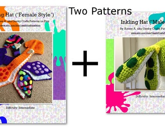 Könnte beinhalten: Zwei Häkelmützen-Anleitungen, eine in Grün und eine in Orange, Lila und Schwarz. Die Anleitungen sind mit "Inkling Hat ('Female Style')" und "Inkling Hat ('Male' Style')" betitelt. Beide Anleitungen stammen von Aimee A. aka Geeky Crafts Patterns auf Etsy.