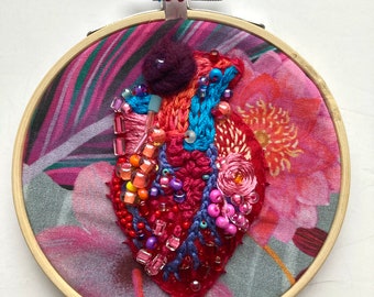 Embroidered Anatomical Heart/Wall Hanging/Beaded Wall Art