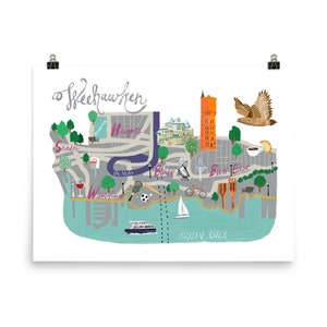 May include: A colourful illustrated map of Weehawken, New Jersey, with landmarks and points of interest. The map features a stylised depiction of the Hudson River, a red tower, and a hawk flying overhead.