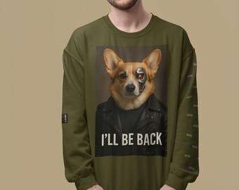 Moletom engraçado Terminator Corgi, "Eu voltarei" Unissex Adulto Gola Redonda
