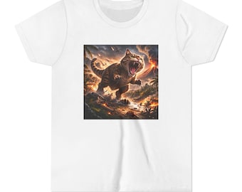 Camiseta infantil Gato Dinossauro Rugindo | Camiseta Gatinho de Batalha Fantástica