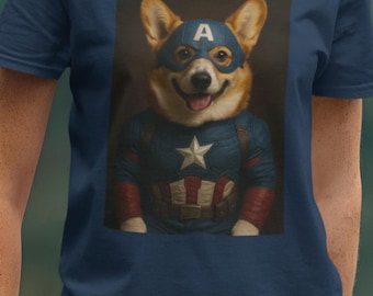 Camiseta unissex Capitão América Corgi, camiseta divertida com estampa de cachorro.