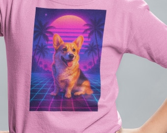 Camiseta infantil retrô com estampa de Corgi, estilo anos 80, neon e vaporwave.