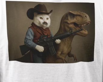 Camiseta divertida com estampa | Gato vintage com dinossauro