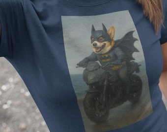 Camiseta unissex para adultos com estampa do Batman e Corgi, ideal para entusiastas de motocicletas.
