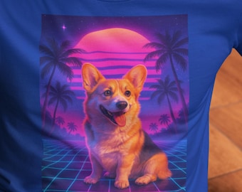 Camiseta com estampa de cachorro, estilo vaporwave neon dos anos 80, unissex adulto.