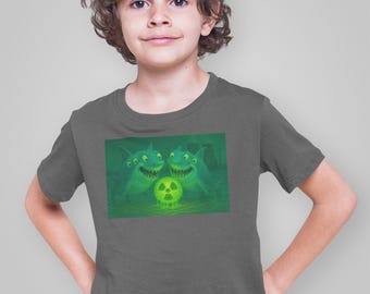 Camiseta infantil de tubarão que brilha no escuro, camiseta assustadora de Halloween.