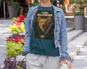 Camiseta Corgi Jason Halloween Crewneck, Camiseta Unissex Adulta Divertida com Estampa de Cachorro