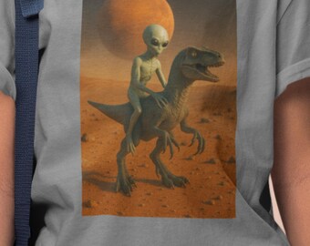 Camiseta infantil de ficção científica com dinossauros e alienígenas | Arte espacial de ficção científica em Marte, laranja