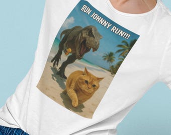Camiseta infantil com estampa - Aventura jurássica divertida, camiseta engraçada com gato e dinossauro