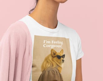 Camiseta unissex de algodão com gola redonda - "Estou me sentindo Corgeous", camiseta com estampa de Corgi