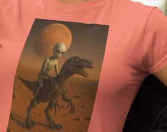 Camiseta Alienígena Montando Dinossauro, Ficção Científica Unissex para Adultos