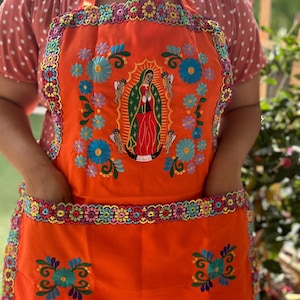 Embroidered Apron/ Mandil bordado con mariposas/ Mandil bordado con Colibri/ Mandil bordado con la virgen de Guadalupe / Latina Apron Virgencita Orange