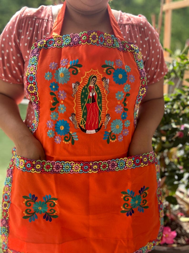 Embroidered Apron/ Mandil bordado con mariposas/ Mandil bordado con Colibri/ Mandil bordado con la virgen de Guadalupe / Latina Apron Virgencita Orange