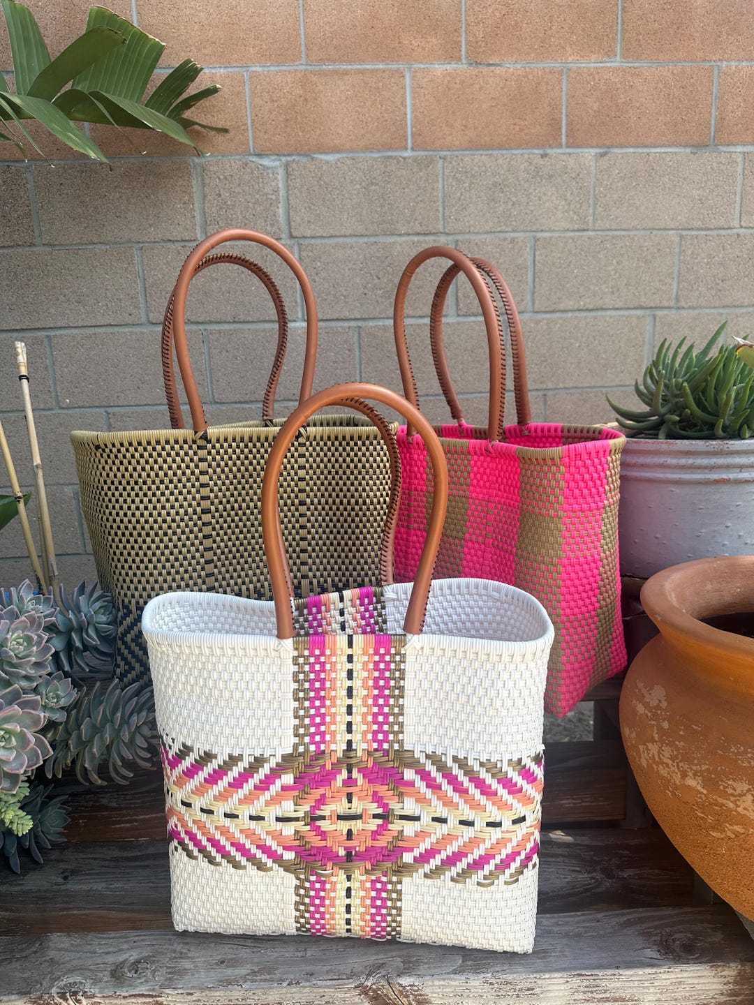 Mexico Rope Handle Bag XL Handwooven Mexican Bag With Leather Straps/ Bolsa XL Tejida a Mano ...