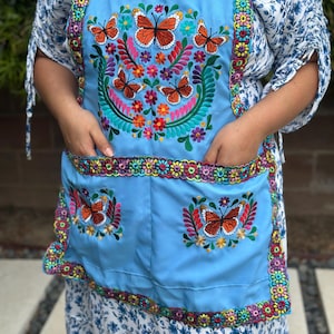 May include: A light blue apron featuring embroidered butterflies and floral patterns. The apron has two pockets and is trimmed with colourful floral embroidery. The butterflies are orange and brown, and the flowers are various colours.