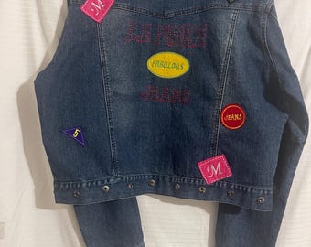 Dam vintage Le More denimjeans med lappar och knappar, storlek 2X