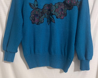Vintage Anthony Sicari Petite Blå Blommig Stickad Tröja Storlek 10 Med