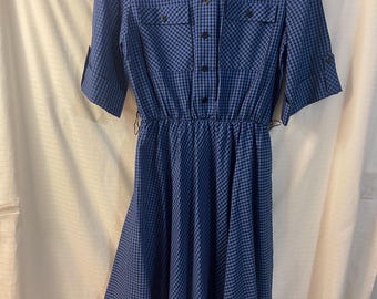 Vintage 1980-tals Sunshine Alley blå gingham-skjortklänning med knappar, storlek Small/Medium
