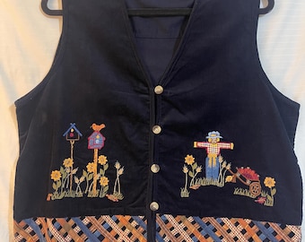 Vintage Casey & Max Broderad Fågelskrämma Höst/Höst Gittermanchesterväst Stor