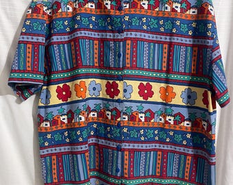 Vintage Bechamel färgglad tropisk kortärmad skjorta med knappar, storlek X-Large
