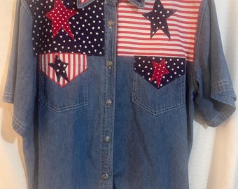 Vintage NU Deminsion Patriotisk Deminblus Med Knappar Tillverkad I USA Storlek XLarge