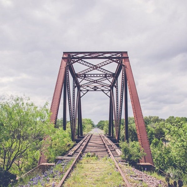 Texas Railroad, Train Tracks, Bridge, Nature Photography, Bridge Art, TX Art, Photo, Print Texas Decor, Landscape, Rusty Old Metal Bridge