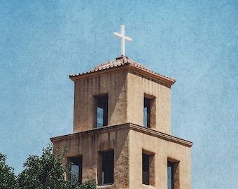 Santa Fe New Mexico Photography, Adobe Church Photo, Southwest Picture, Home Decor, Blue Turquoise, Adobe Architecture Photography Art Print