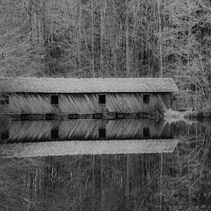 Covered Bridge Photo, Black and White Bridge, Bridge Art, Covered Bridge, Bridges, Reflection, Alabama Photo, Landscape Photo, Bridge Art